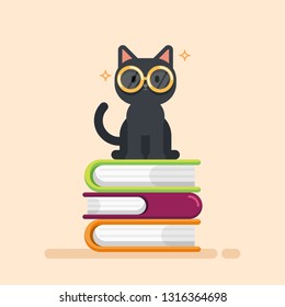 Cute cat sitting on a Pile of Books, education concept, vector illustration.