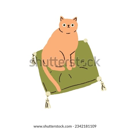 Cute cat sitting on pillow. Funny kitty looking, staring. Adorable kawaii feline animal on soft cushion. Lovely sweet home kitten. Flat vector illustration isolated on white background