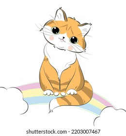 Cute cat sitting  on a rainbow. Ginger kitty for print.