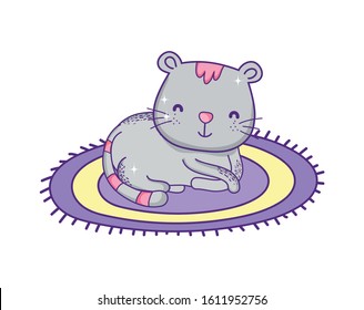 cute cat sitting on round carpet cartoon on white background vector illustration