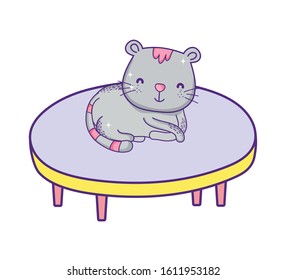 cute cat sitting on round table cartoon on white background vector illustration