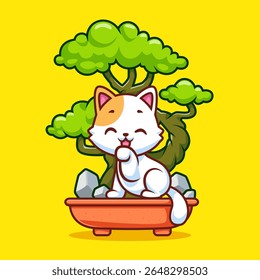 Cute Cat Sitting On Tree Cartoon Vector Icon Illustration. Animal Nature Icon Concept Isolated Premium Vector. Flat Cartoon Style