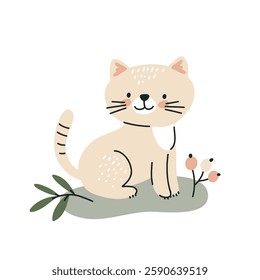 Cute cat sitting on white background, flat vector illustration