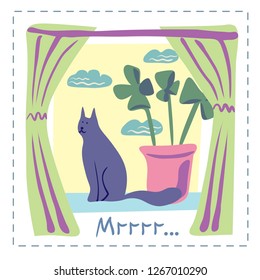 Cute cat sitting on the window next to a flower in a pot. In soft colors on a white background.Great for polygraphy or textile design.Flat, hand drawn.Vector concept.