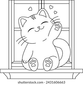 Cute cat is sitting on the window coloring page.Cute character design. Graphic elements for kids. Cartoon hand drawn style.