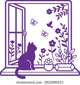 A cute cat sitting on a window sill looking at birds and flowers in a garden scene illustration