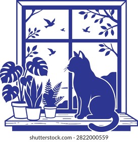 Cute cat sitting on a window sill looking at birds with house plants in a cozy home setting