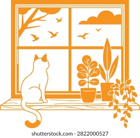 A cute cat sitting on a windowsill looking at birds outside with green houseplants nearby
