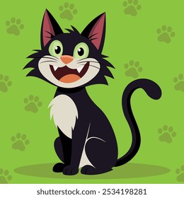 Cute cat sitting with open mouth. Funny cartoon cool character. Portrait of adorable little stray cat. Vector illustration character design with flat color.