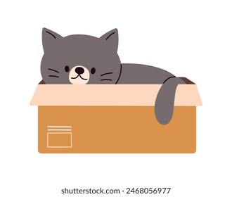 Cute cat sitting in paper box, playful kitten. Flat cartoon style vector illustration isolated on white background