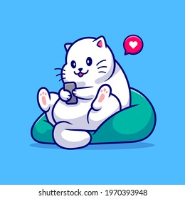 Cute Cat Sitting Playing Phone Cartoon Vector Icon Illustration. Animal Technology Icon Concept Isolated Premium Vector. Flat Cartoon Style