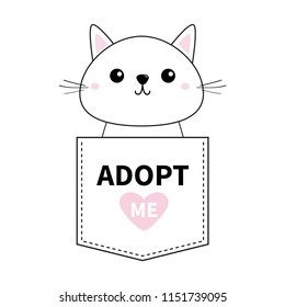 Cute cat sitting in the pocket. Adopt me. Pink heart. Cartoon animals. Kitten kitty character. Dash line. Pet animal collection T-shirt design. Baby background Isolated Flat design Vector illustration