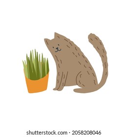 Cute cat sitting ready to eat fresh grass of plant in pot funny sticker for social media, messenger or card. Vector illustration in hand drawn flat cartoon style.
