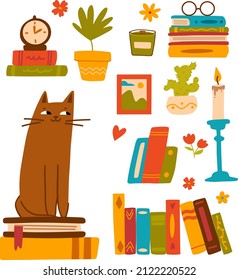 Buen gato sentado. Ilustración vectorial escandinava para librería, biblioteca. Acogedora ilustración plana vectorial interior en casa. Higre, plantas, conjunto de pegatinas. Acogedora habitación con mascota