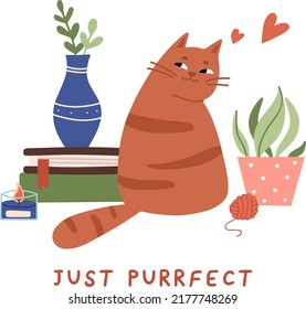 Cute cat sitting. Scandinavian vector illustration for book store, library. Cozy home interior vector flat illustration. Hygge, plants, cozy sticker set. cozy room with pet, books, plants.