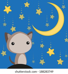 Cute cat sitting under the moon