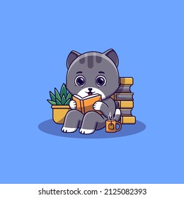 cute cat sitting while reading book