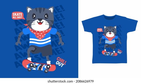 Cute cat with skate tee design concept