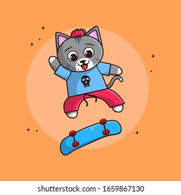 Cute Cat Skate Vector Icon Illustration, Cute Cat Skate Mascot Character, Cute Cat Skate Flat Cartoon Illustration