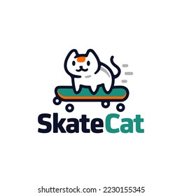 cute cat skateboard logo. Cartoon illustration logo with small cat on a skateboard