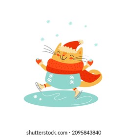 Cute cat skates on the ice rink. Funny fat kitty in scarf, hat and sweater is figure skater. Happy cartoon animal in winter.  Hand drawn vector illustration for kids, isolated on white. Flat design