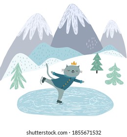 Un lindo gato patina para el hielo. En el fondo de las montañas. Ilustración de invierno para niños de estilo escandinavo.