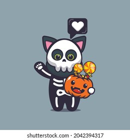 cute cat with skeleton costume holding halloween pumpkin