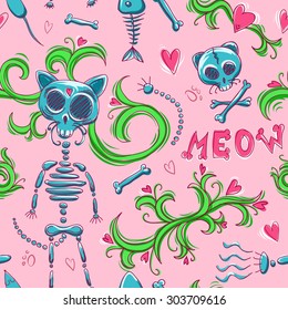 Cute cat skeleton seamless pattern.Pink background.