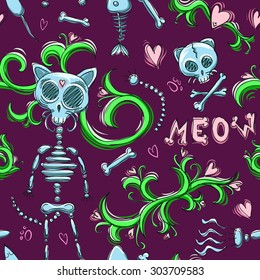 Cute cat skeleton seamless pattern.Violet background.