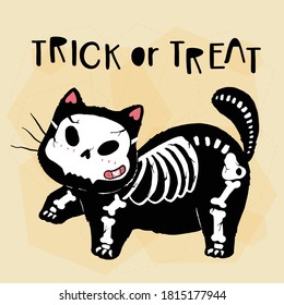 cute cat skeleton skull Halloween trick or treat, funny cat kitty clip art with silhouette for greeting card, sublimation, sticker