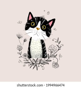 Cute cat sketch icon vector illustration. Engraving,line , black.