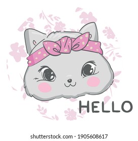 Cute Cat sketch illustration vector, print design cat, children print on t-shirt. Hand Drawn cat.