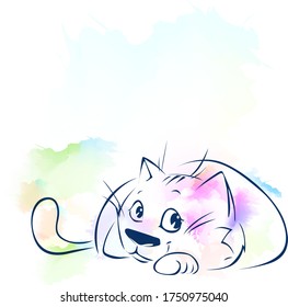 Cute Cat Sketch on Abstract Watercolor Background - Vector Illustration