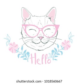 cute cat sketch vector illustration, print design cat, children print on t-shirt girl. hand drawn cat with glasses