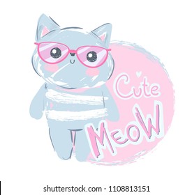 cute cat sketch vector illustration, print design cat, children print on t-shirt, illustration with text Meow. 