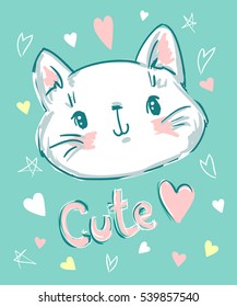 cute cat sketch vector illustration, print design cat, children print on t-shirt. Hand Drawn Vector Illustration of cat.