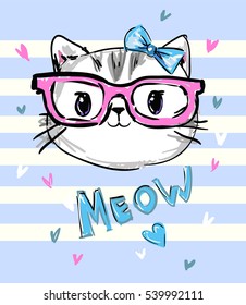 Cute Cat Sketch Vector Illustration, Print Design Cat, Children Print On T-shirt Girl. Hand Drawn Cat With Glasses