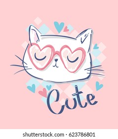 gato bonito desenho vetorial ilustração, crianças imprimir em t-shirt menina. gato desenhado à mão com óculos