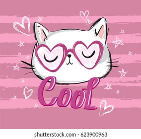 cute cat sketch vector illustration, children print on t-shirt girl. hand drawn cat with glasses