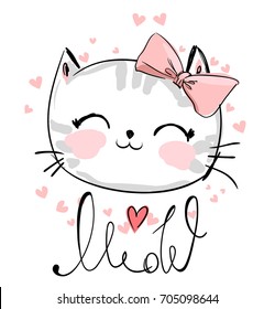 Cute Cat Sketch Vector Illustration, Print Design Cat, Children Print On T-shirt Girl, Illustration With Text Meow. 