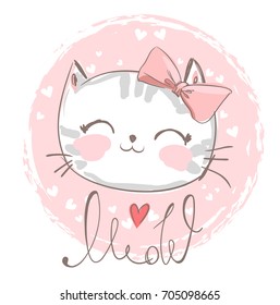 cute cat sketch vector illustration, print design cat, children print on t-shirt girl, illustration with text Meow. 