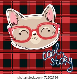 cute cat sketch vector illustration, children print on t-shirt. hand drawn cat with glasses