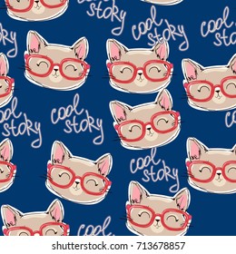 cute cat sketch vector illustration pattern, hand drawn cat with glasses seamless vector