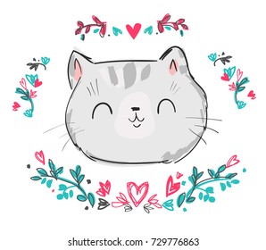 Cute Cat Sketch Vector Illustration, Print Design Cat, Children Print On t-shirt girl. Hand Drawn Cat 