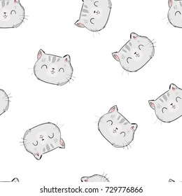 Cute Cat Sketch Vector Illustration Pattern, Print Design Cat, Children Print On t-shirt girl. Hand Drawn Cat Seamless