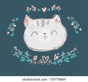 Cute Cat Sketch Vector Illustration, Print Design Cat, Children Print On t-shirt girl. Hand Drawn Cat 