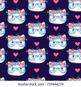 Cute Cat Sketch Vector Illustration Pattern, Print Design Cat, Children Print On t-shirt girl. Hand Drawn Cat Seamless