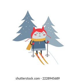 Cute cat skiing. Christmas kitten in Santa hat ski down from hill. Happy animal, winter snow landscape. Cartoon pet, funny character, hand drawn vector illustration, flat design. 