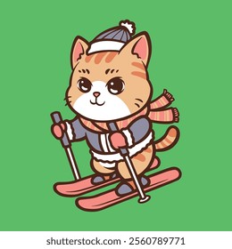 cute cat skiing in winter and new year cartoon vector icon illustration isolated