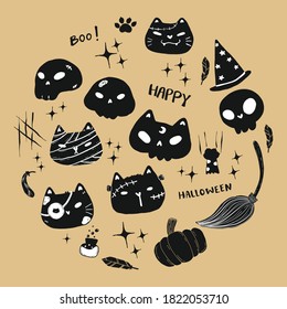 cute cat skull and face Halloween elements flat vector black silhouette 